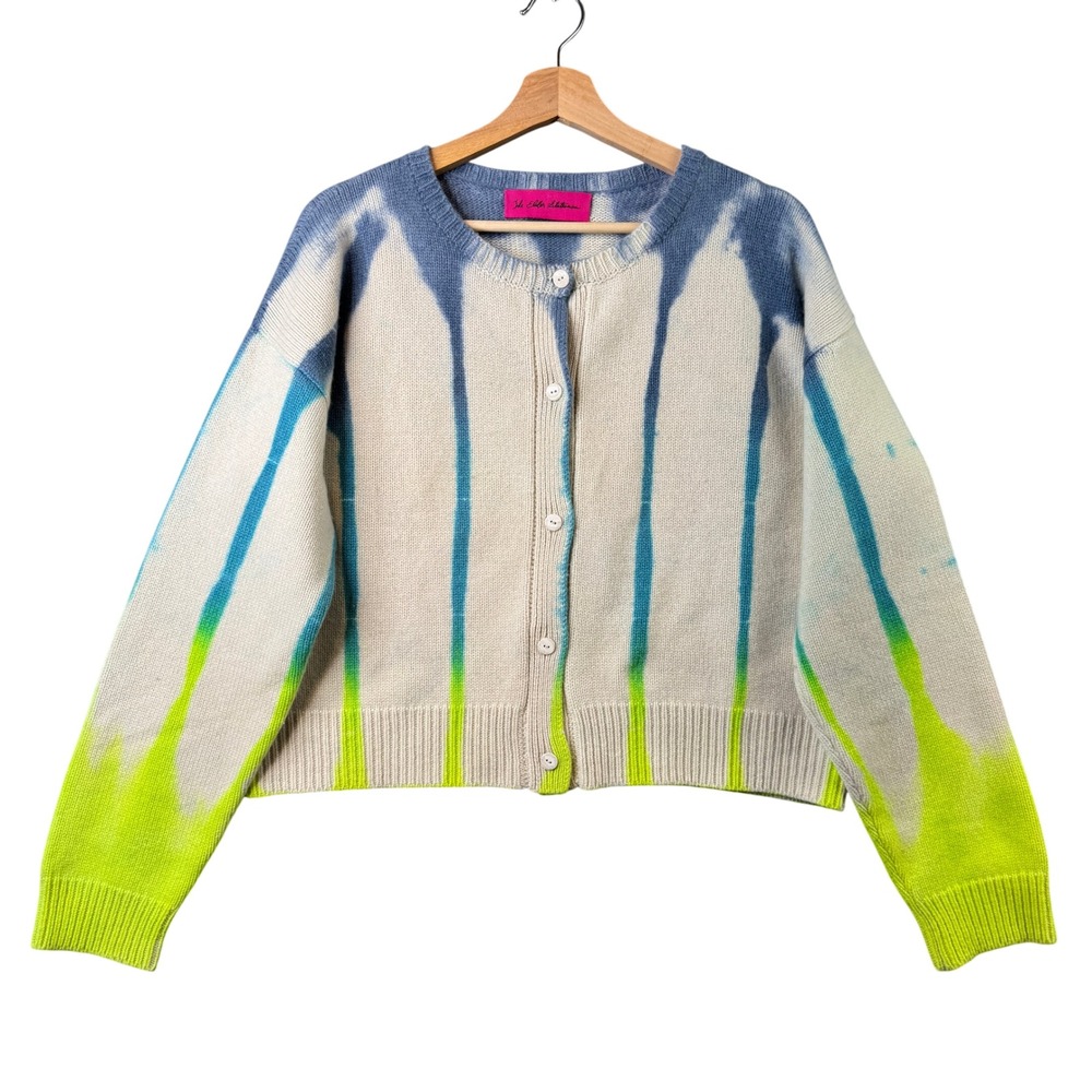 The Elder Statesman 100% Cashmere Tie Dye Cardigan Sweater Blue Neon Green Large